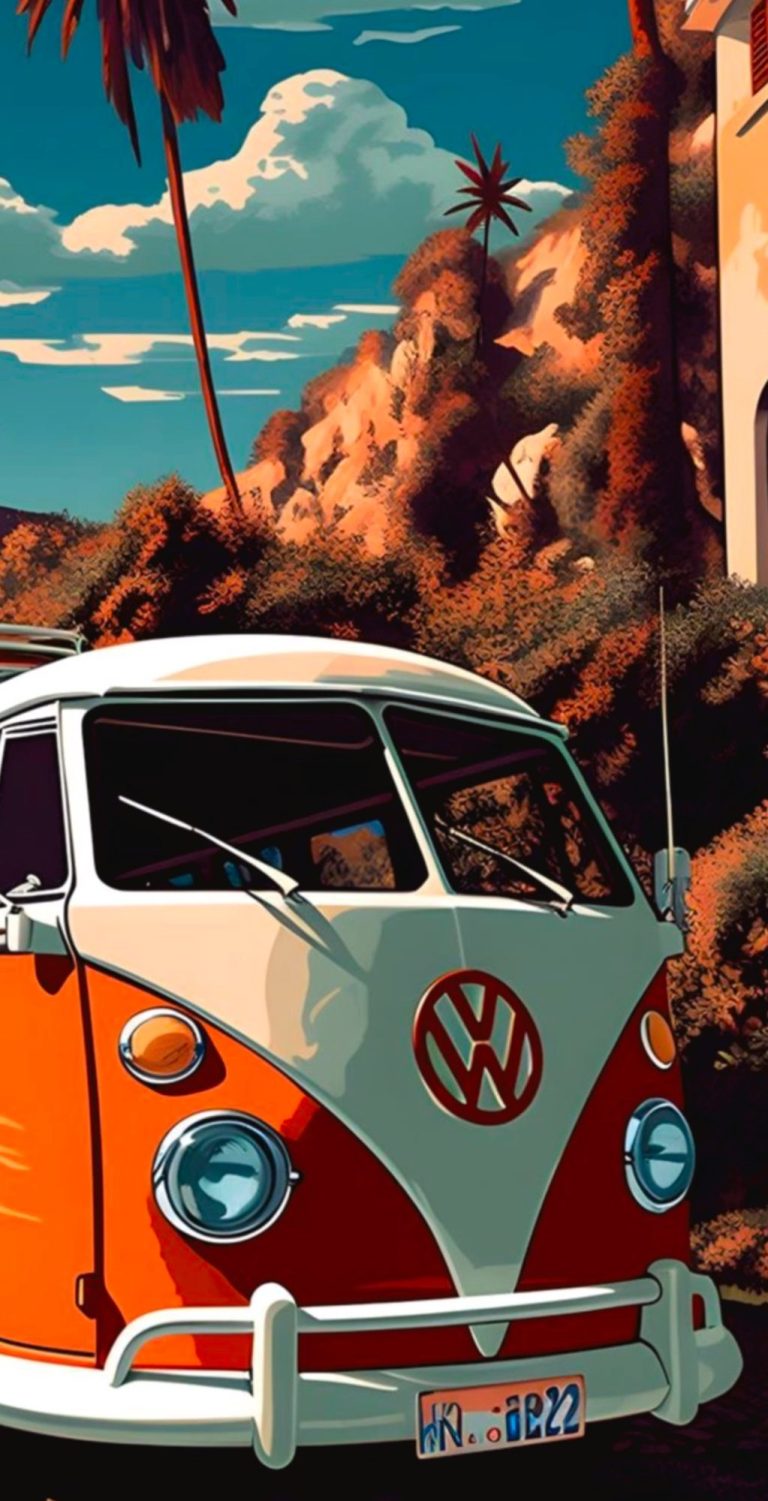 VW Bus unter Palmen am Strand als Illustration