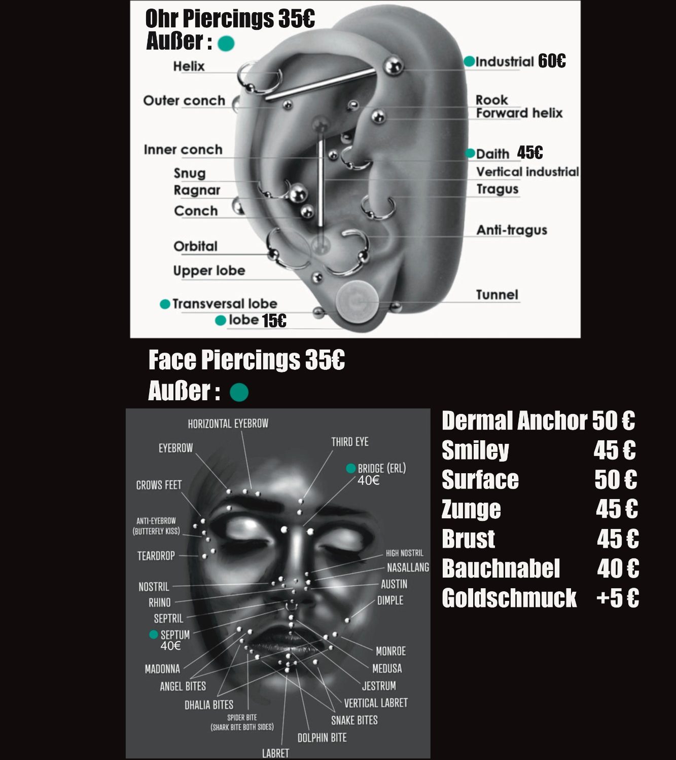 Preisliste Piercings