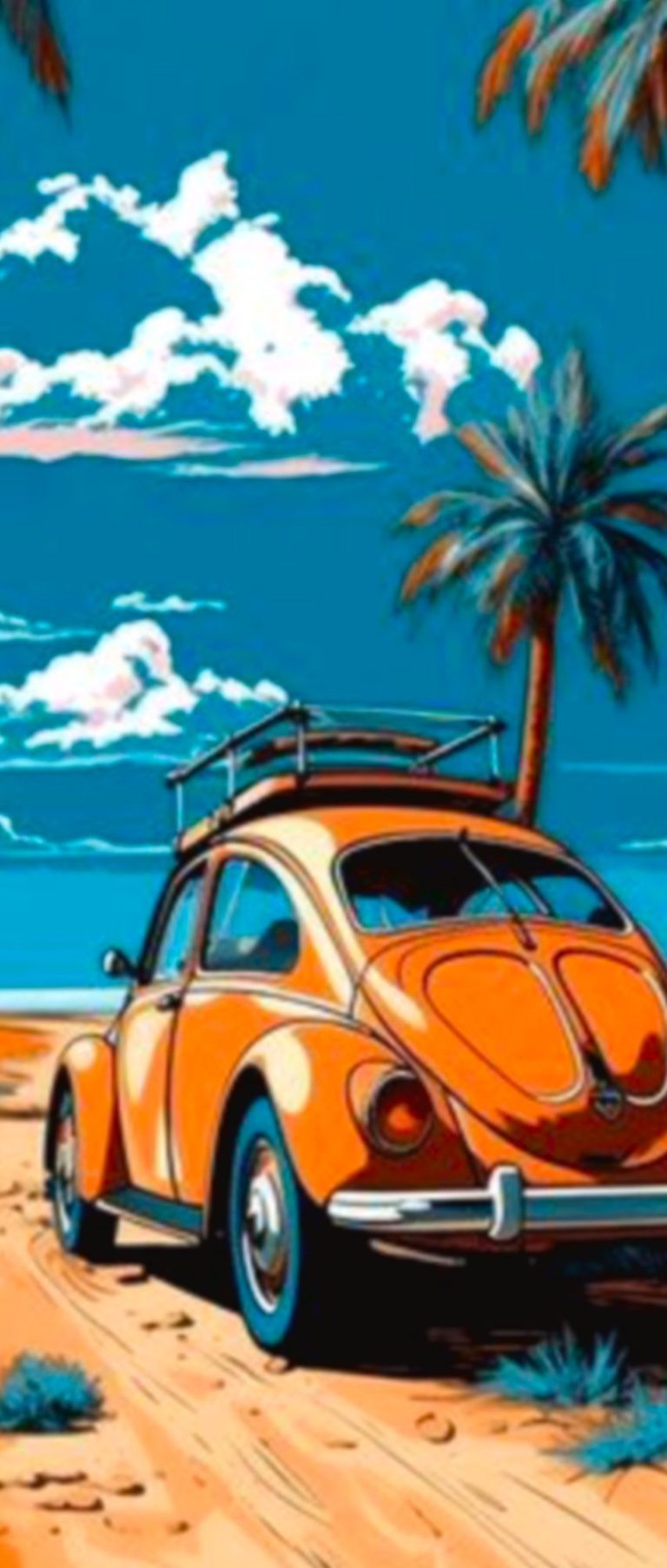 VW Käfer am Meer unter Palmen als Illustration